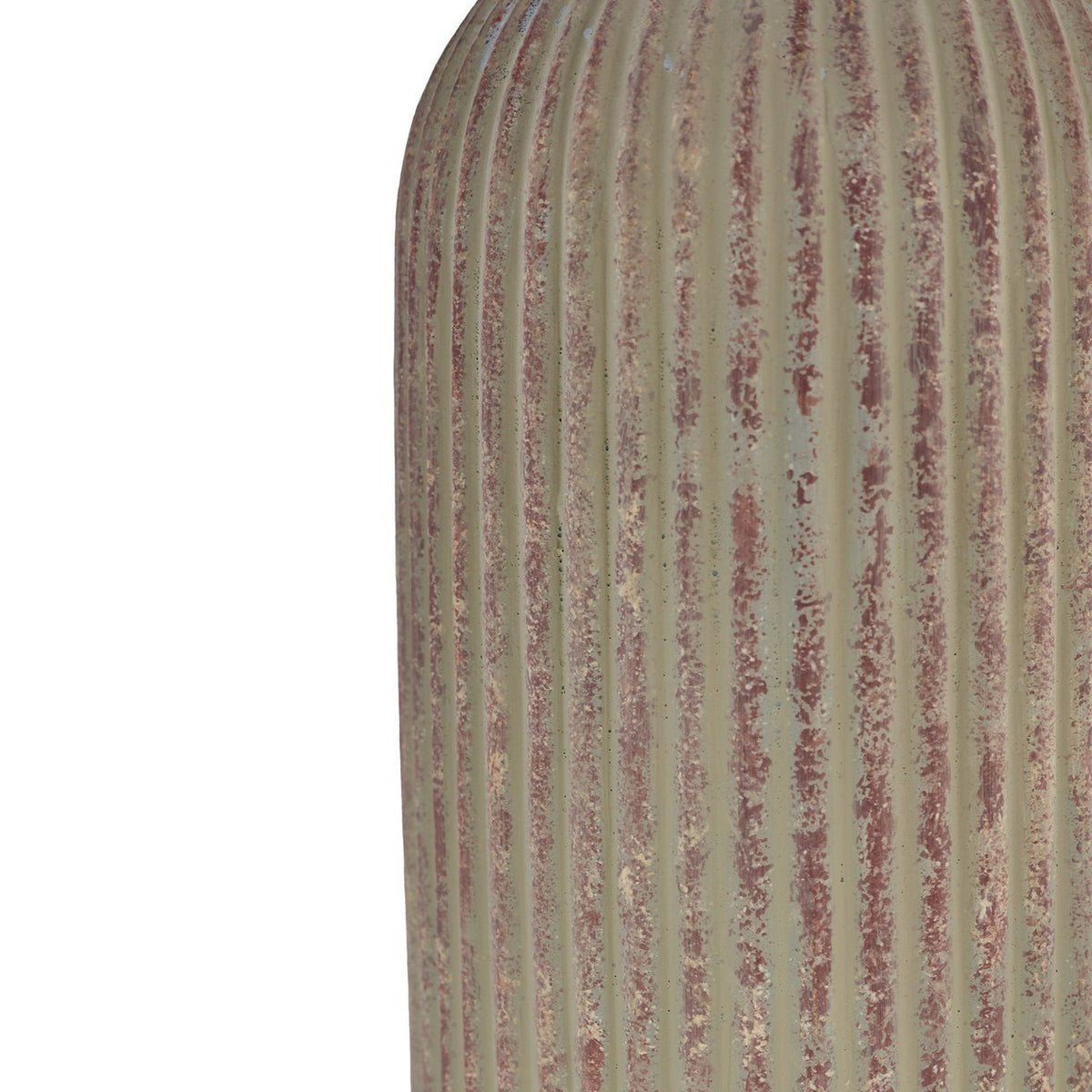 Close-up of the Slim Ribbed Bottle Ceramic Table Lamp base, showing fine vertical ribs and a weathered, flecked beige glaze on a tall rounded ceramic body.
