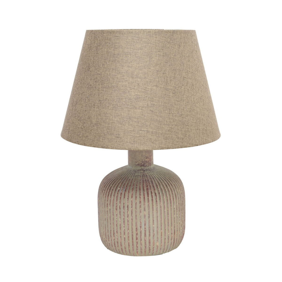 Round ribbed ceramic table lamp, 42cm, with a distressed sage-beige and rust-red glazed bottle base and a tapered beige fabric shade, shown on a plain white background.