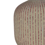 Close-up of the Round Ribbed Distressed Ceramic Table Lamp 42cm base, showing fine vertical ribs in sage-beige with rust-red distressed grooves, on a plain white background.