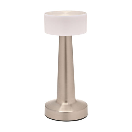 Tapered USB LED touch table lamp with a brushed silver stem, round white shade, and wide rounded base, shown on a plain white background.