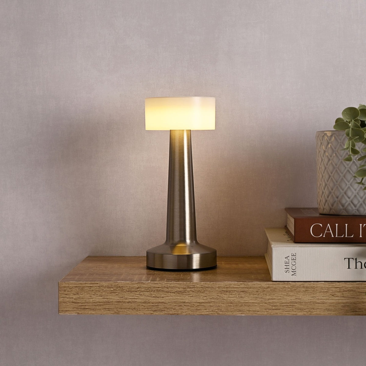 Tapered USB LED Touch Table Lamp with White Shade - Silver