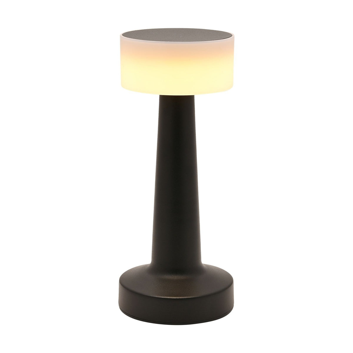 Matt black touch table lamp with a round drum shade on a tapered stem and wide round foot, LED lit and USB powered, shown switched on against a plain white background.