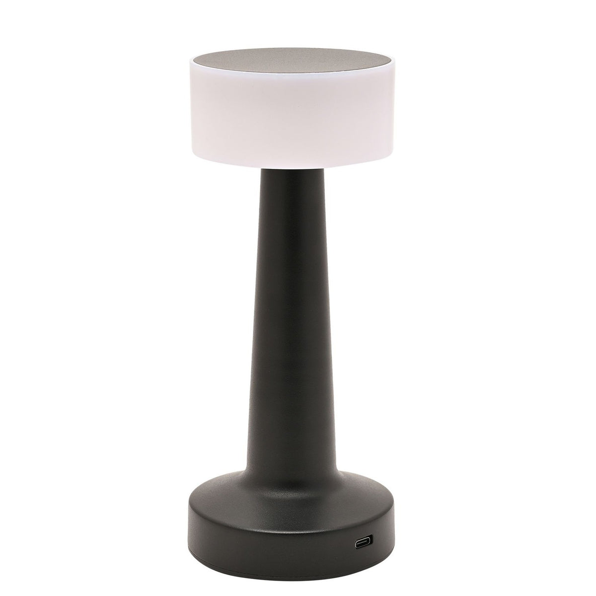 Matt black LED touch table lamp with a white round drum shade on a tapered stem and wide round base, USB port on the back, shown on a plain white background.