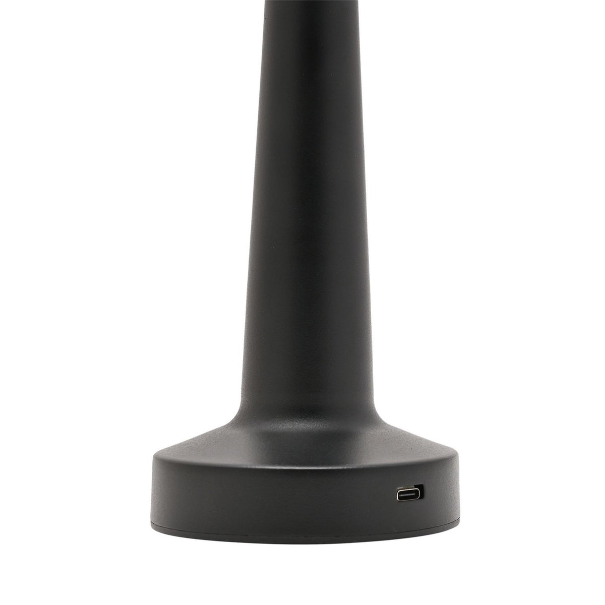 Close-up of the Matt USB LED Touch Table Lamp's black base and tapered stem, showing the USB-C charging port on a plain white background.