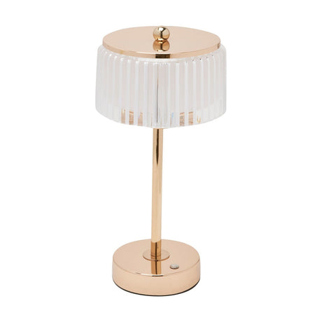 Crystal USB LED touch table lamp with ribbed glass shade, gold cap, slim stem and round gold base with touch control, shown on a plain white background.