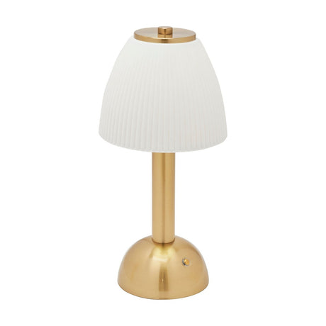 USB LED touch table lamp with a pleated white bell shade, gold cap and knop, slim brushed gold stem, and a domed bronze base on a plain white background.