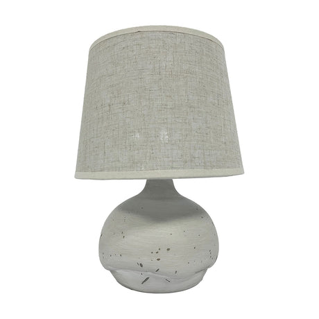 Natural Flecked Rounded Ceramic Table Lamp 33cm in white with dark grey speckles, featuring a squat rounded base, slim neck, and tapered oatmeal woven shade, shown on a plain background.