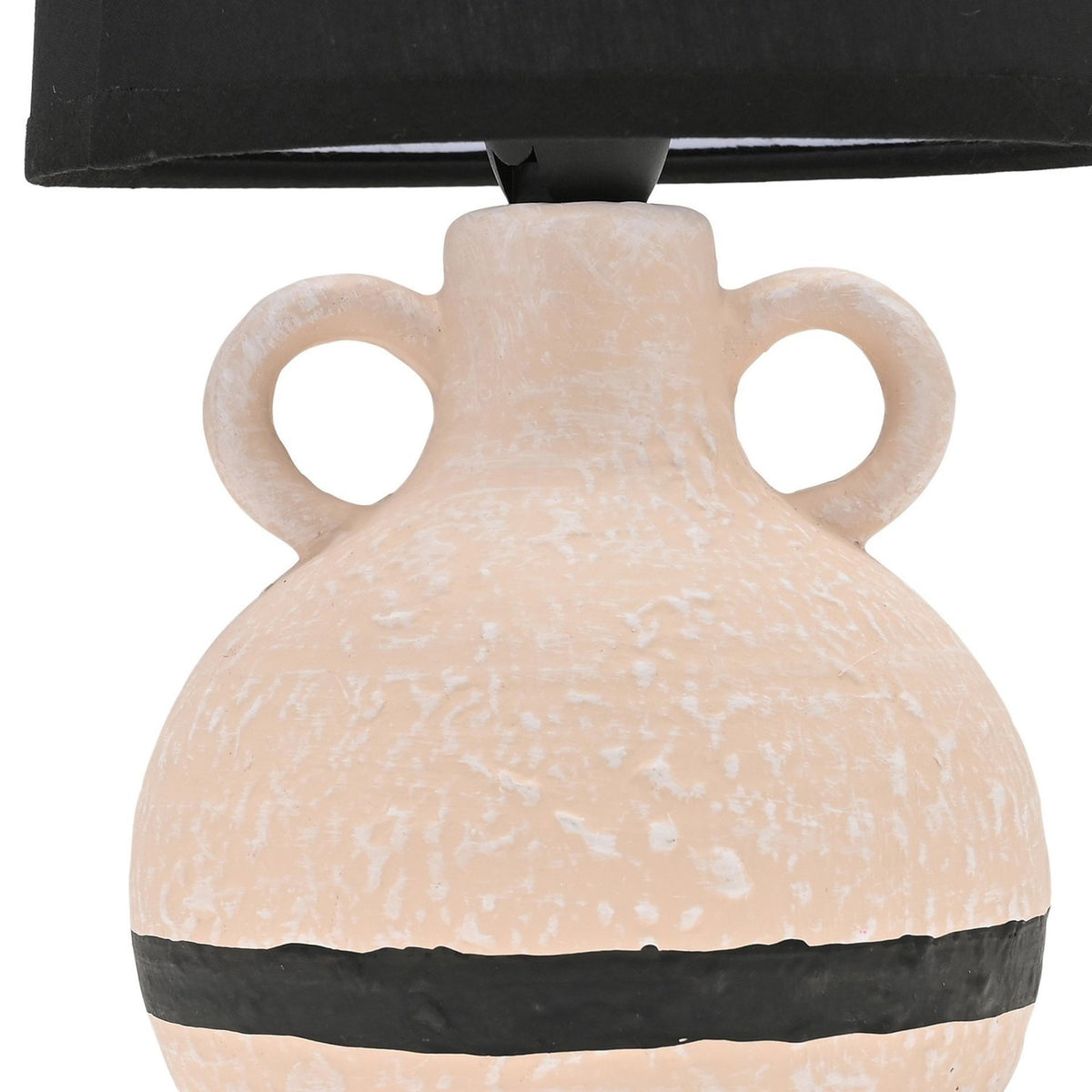Close-up of the Round Twin Handle Vase Ceramic Table Lamp in natural speckled ceramic with a black band, twin loop handles, and black tapered shade.