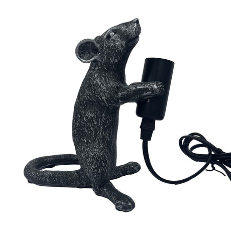 Standing Mouse Table Lamp in black, 18cm, with textured fur detail holding a cylindrical black bulb holder and visible cord, shown on a plain white background.