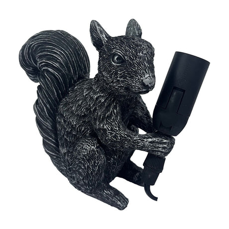 Squirrel Resin Table Lamp, 16cm, in black resin with silvery highlighted fur texture, seated upright holding a black bulb holder in its paws, shown on a plain white background.