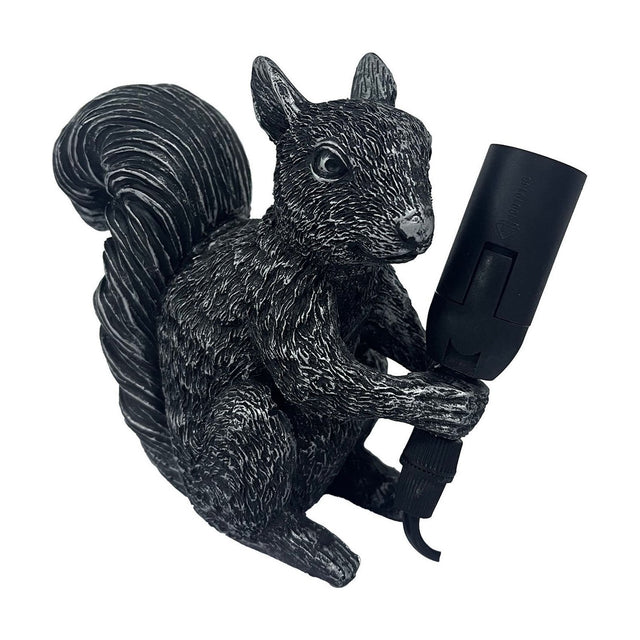 Squirrel Resin Table Lamp, 16cm, in black resin with silvery highlighted fur texture, seated upright holding a black bulb holder in its paws, shown on a plain white background.