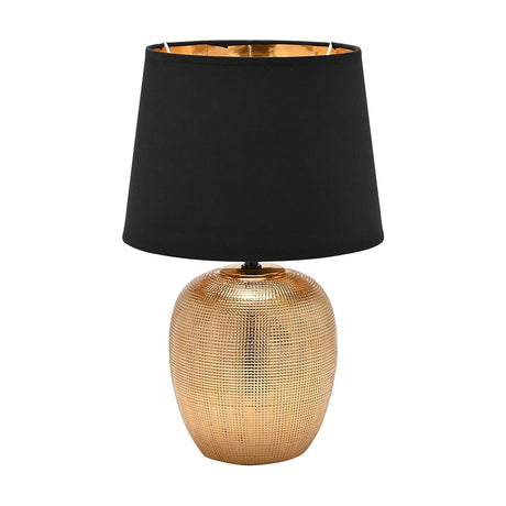 Grid Textured Round Ceramic Table Lamp 39cm with a gold grid-patterned base and tapered black shade with gold lining, shown on a plain white background.
