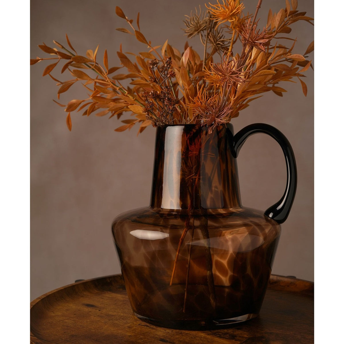 Tortoiseshell Glass Jug Style Vase with Black Handle - Brown
