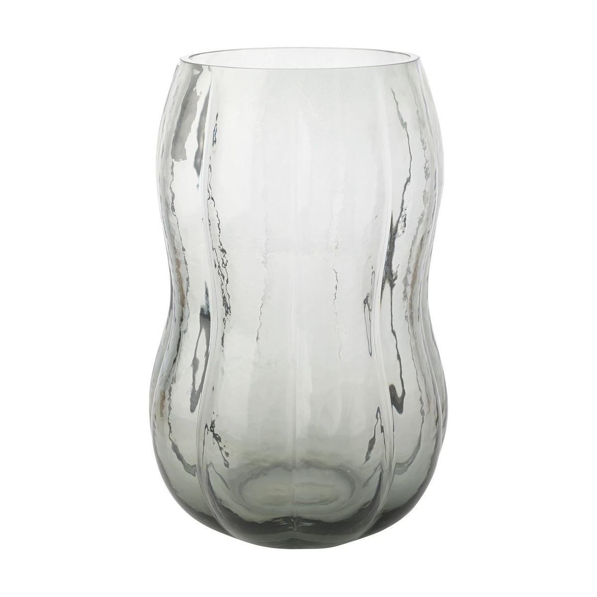 Tall hourglass glass vase with ribbed, rippled texture in clear glass with a smoky grey tint deepening towards the base, shown on a plain white background.