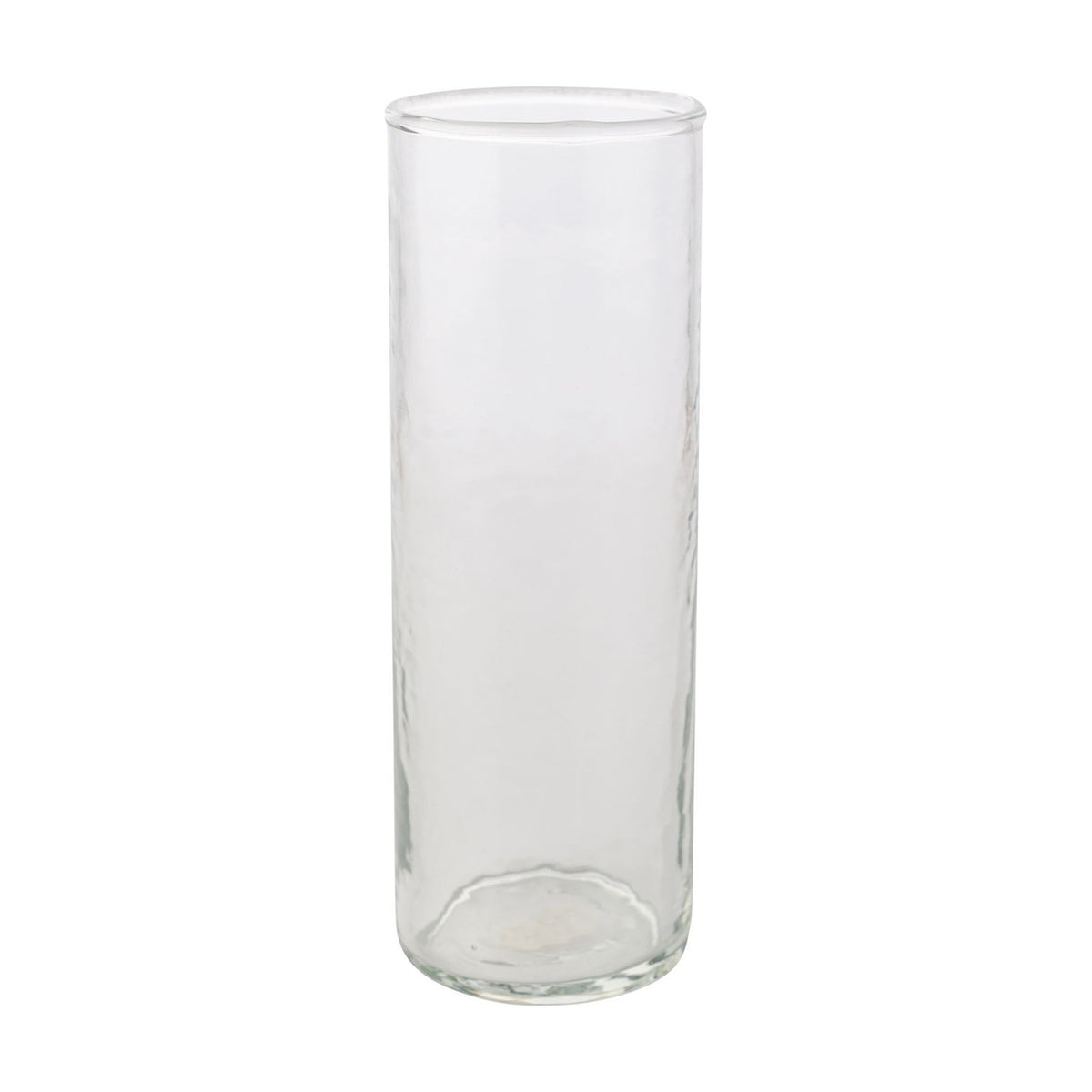 Tall straight-sided hammered style drinking glass in clear glass with a round base and smooth rim, shown on a plain white background.