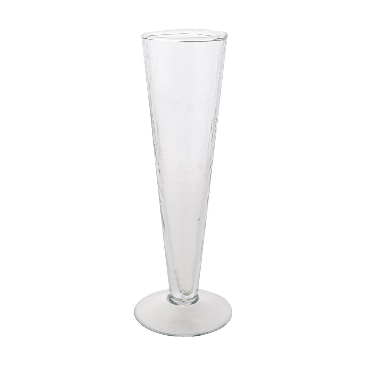 Conical footed champagne flute in clear hammered-style glass with a tapering bowl, short stem, and wide round foot, shown on a plain white background.