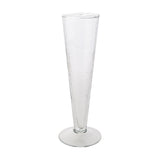 Conical footed champagne flute in clear hammered-style glass with a tapering bowl, short stem, and wide round foot, shown on a plain white background.