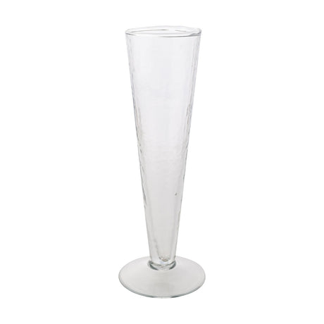 Conical footed champagne flute in clear hammered-style glass with a tapering bowl, short stem, and wide round foot, shown on a plain white background.