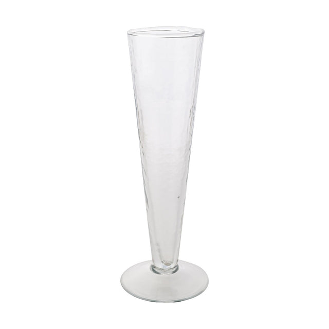 Conical footed champagne flute in clear hammered-style glass with a tapering bowl, short stem, and wide round foot, shown on a plain white background.