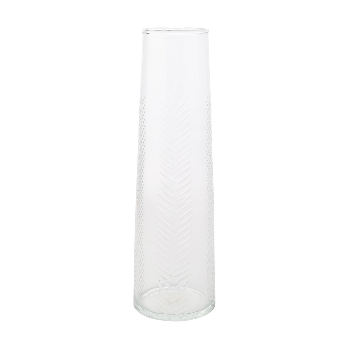 Small tapered glass vase in clear finish with an etched leaf pattern in angled lines from base to rim, shown on a plain white background.