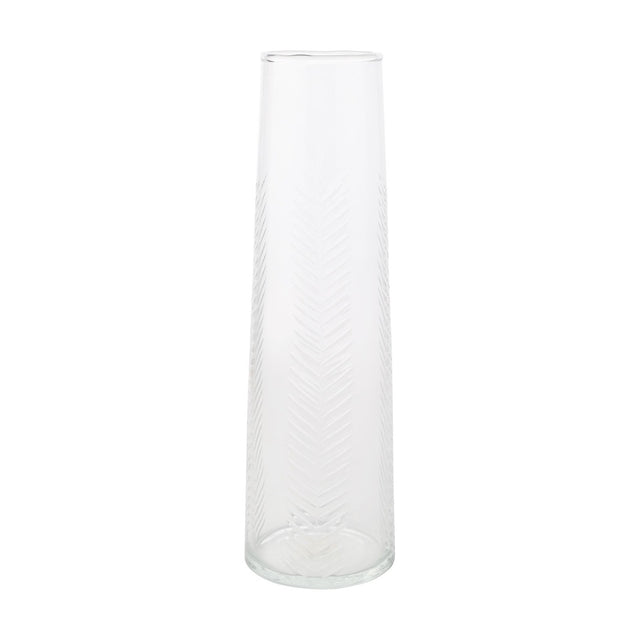 Small tapered glass vase in clear finish with an etched leaf pattern in angled lines from base to rim, shown on a plain white background.