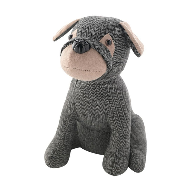 Herringbone Sitting Dog Door Stop in grey tweed with beige floppy ears, muzzle and eye patches, glossy black nose, sitting upright on a plain white background.