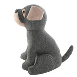 Herringbone Sitting Dog door stop in grey tweed with beige floppy ears, muzzle and eye patches, black nose, seated with paws together and curved tail, on a white background.