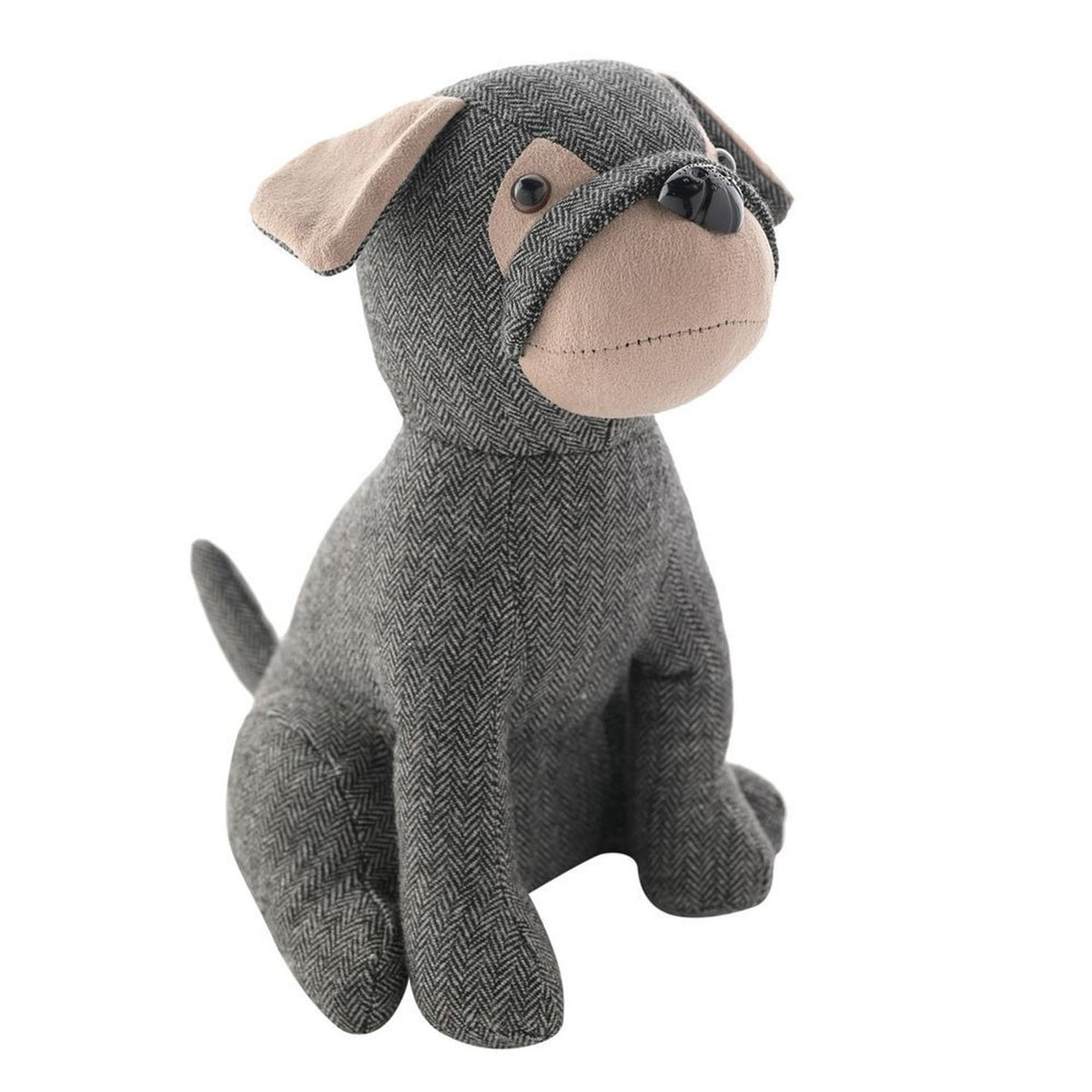 Herringbone Sitting Dog door stop in grey tweed with beige floppy ears, muzzle and eye patches, black nose, paws together and tail curled up, on a plain white background.