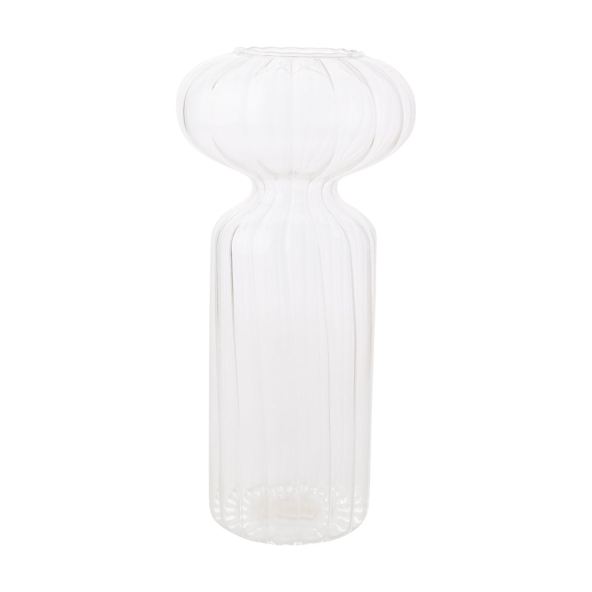 Ribbed clear glass vase with a rounded top, narrow waist, and fluted cylindrical body, shown on a plain white background.