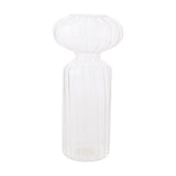 Ribbed clear glass vase with a rounded top, narrow waist, and fluted cylindrical body, shown on a plain white background.