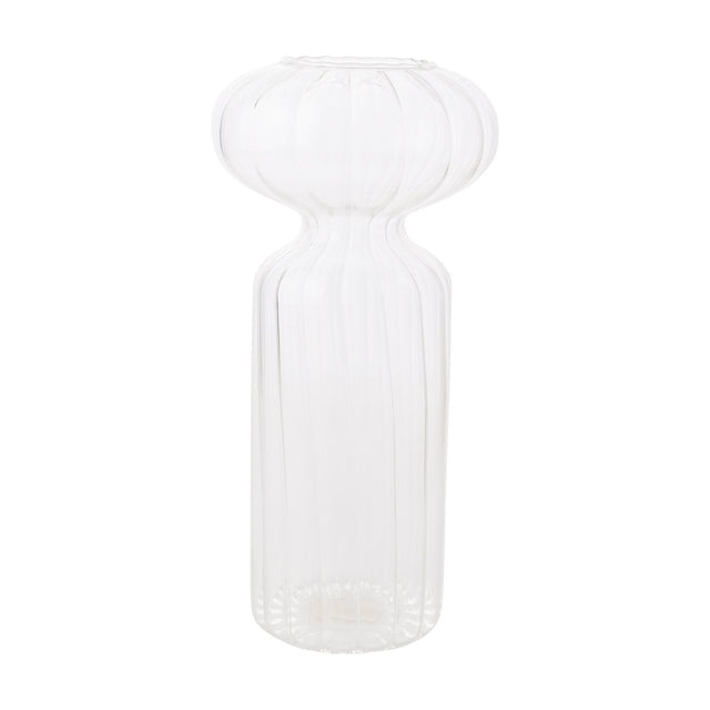 Ribbed clear glass vase with a rounded top, narrow waist, and fluted cylindrical body, shown on a plain white background.