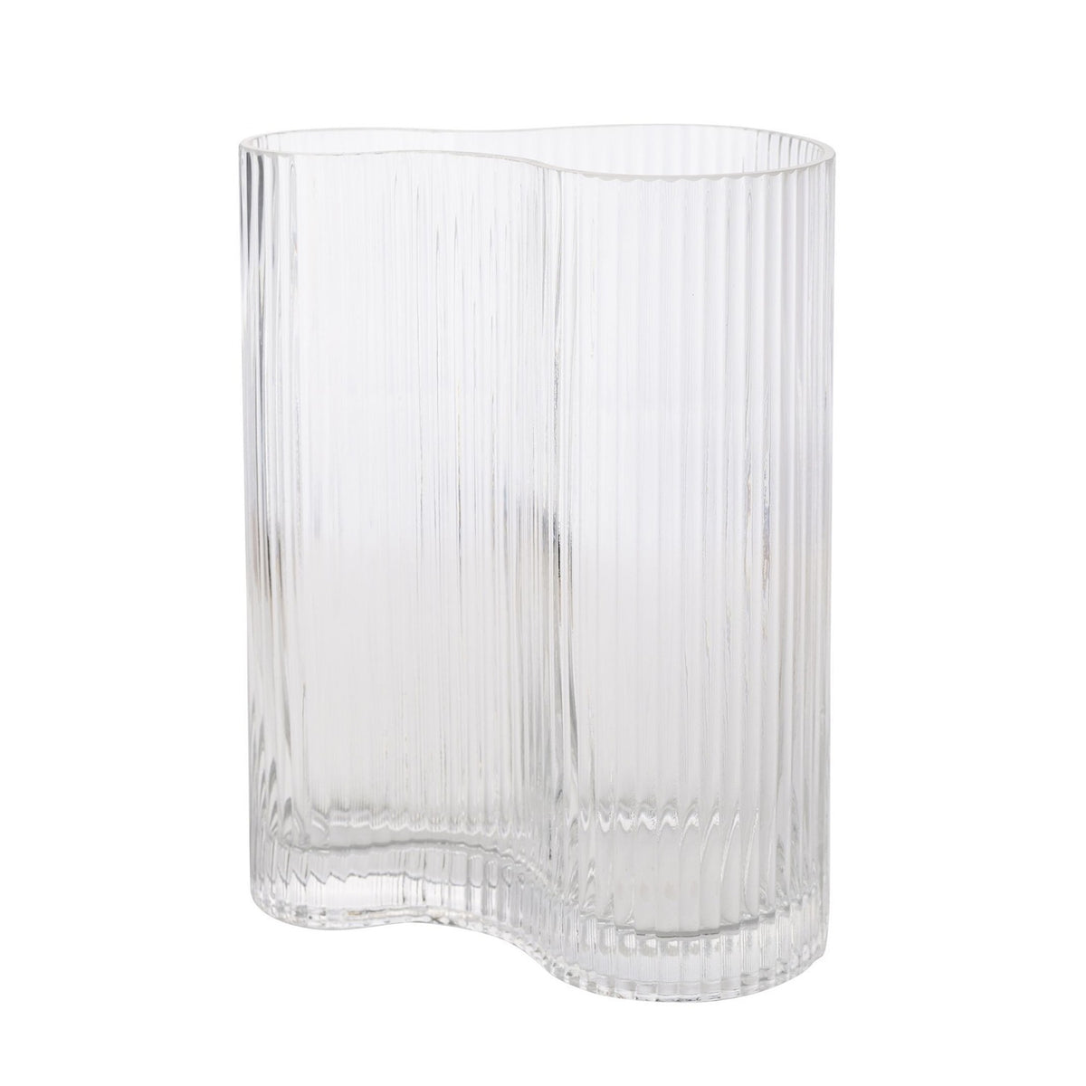 Large Wavy Ribbed Glass Vase in clear glass with a soft wave-shaped outline and fine vertical ribs, shown on a plain white background.