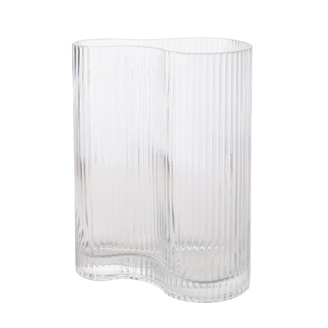 Large Wavy Ribbed Glass Vase in clear glass with a soft wave-shaped outline and fine vertical ribs, shown on a plain white background.