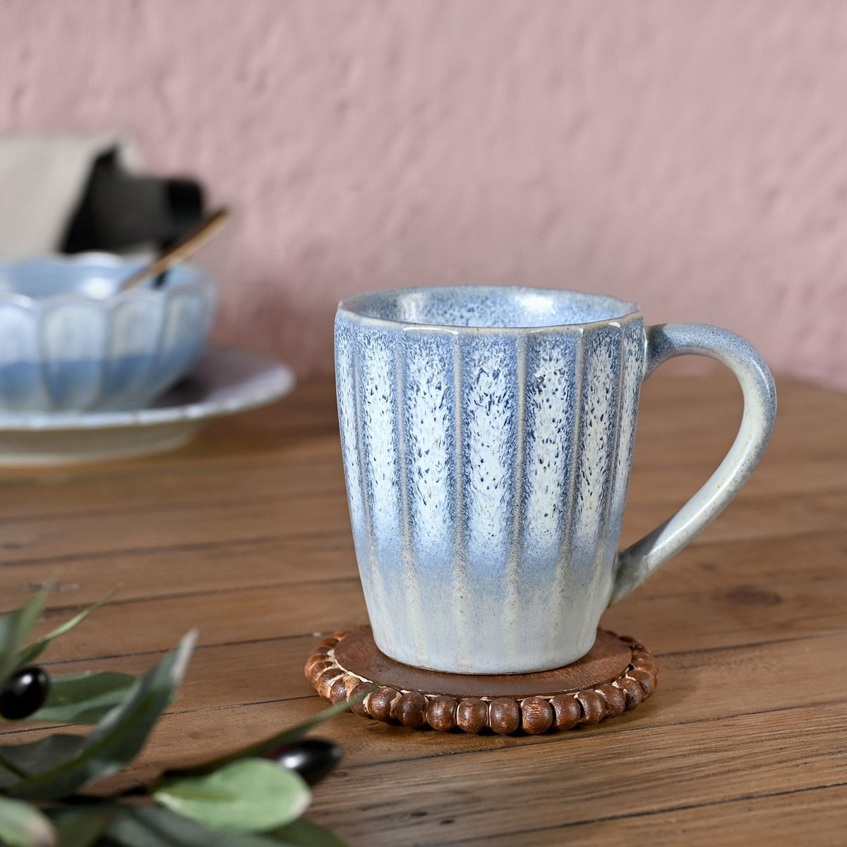 Fluted Speckled Stoneware Mug with Scalloped Rim - Blue