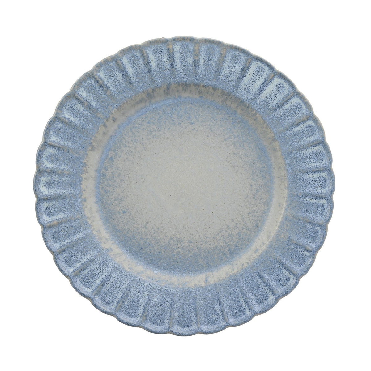 Round stoneware plate with a scalloped, fluted rim in mottled blue glaze fading to a pale grey-white centre, shown on a plain white background.