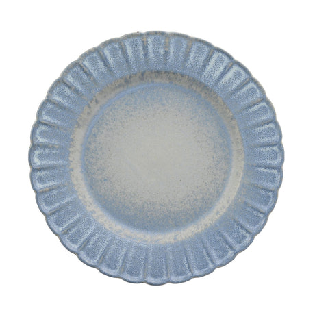 Round stoneware plate with a scalloped, fluted rim in mottled blue glaze fading to a pale grey-white centre, shown on a plain white background.