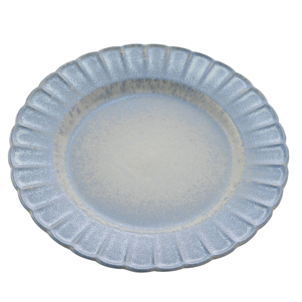 Round stoneware plate with a fluted, scalloped rim in mottled blue glaze fading to a pale grey-white centre, shown on a plain white background.