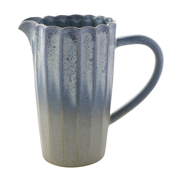 Ribbed glazed stoneware jug, 1400ml, with scalloped rim, curved handle, and pouring lip, finished in blue fading to pale grey, shown on a plain white background.