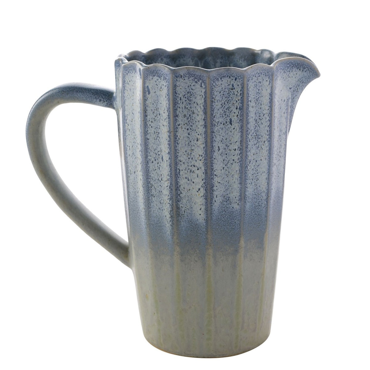 Ribbed glazed stoneware jug with scalloped rim, speckled blue fading to pale grey, curved handle and pouring lip, on a plain white background.