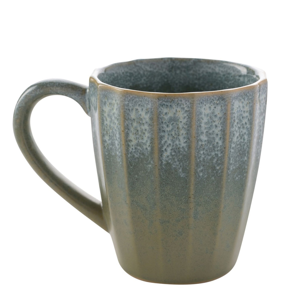 Tapered fluted stoneware mug in a speckled green glaze, lighter sage near the rim deepening to grey-green at the base, with a curved handle, shown on a plain white background.
