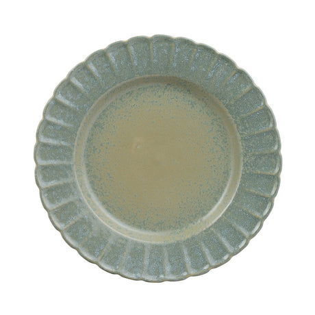 Round stoneware plate with a scalloped, fluted rim in speckled green glaze and a pale sandy centre, shown on a plain white background.
