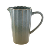 Scalloped Rim Ribbed Glazed Stoneware Jug 1400ml in green, with a wavy rim, curved loop handle and pouring lip, shown on a plain white background.