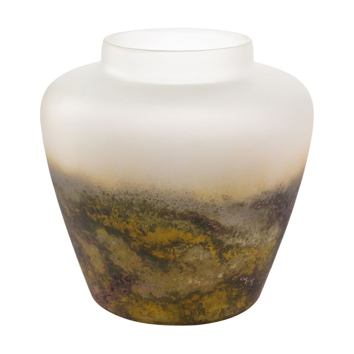 Decorative glass vase with a frosted milky upper body and mottled green-brown lower band, wide rim and rounded shoulders, matt finish, shown on a plain white background.