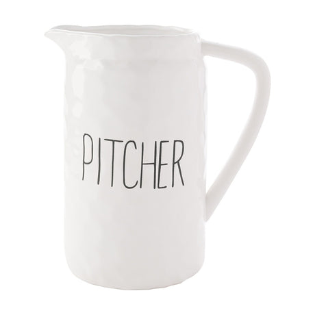 White dimpled stoneware jug, 1800ml, with "PITCHER" in black lettering, squared handle, and pouring lip, shown on a plain background.