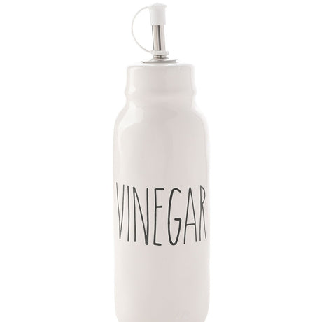 Glazed white stoneware vinegar bottle, 23cm, with rounded shoulder, "VINEGAR" printed in black capitals, and a silver-coloured pourer spout, shown on a plain background.