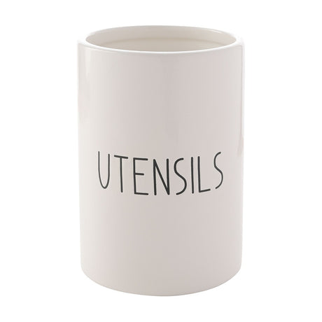 Round glazed white stoneware utensil pot with a straight-sided cylinder shape, rounded rim, and "UTENSILS" printed in tall black capitals, shown on a plain white background.