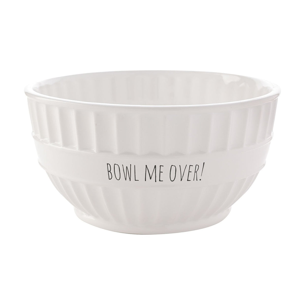 White ribbed stoneware bowl with "BOWL ME OVER!" printed on a smooth centre band, round shape with a low foot ring, 2100ml, set on a plain white background.