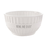 White ribbed stoneware bowl with "BOWL ME OVER!" printed on a smooth centre band, round shape with a low foot ring, 2100ml, set on a plain white background.