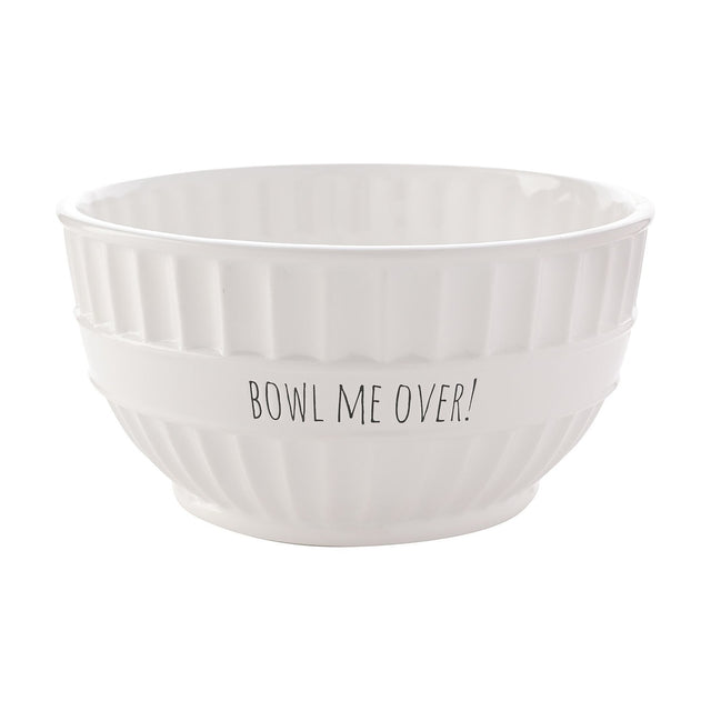 White ribbed stoneware bowl with "BOWL ME OVER!" printed on a smooth centre band, round shape with a low foot ring, 2100ml, set on a plain white background.
