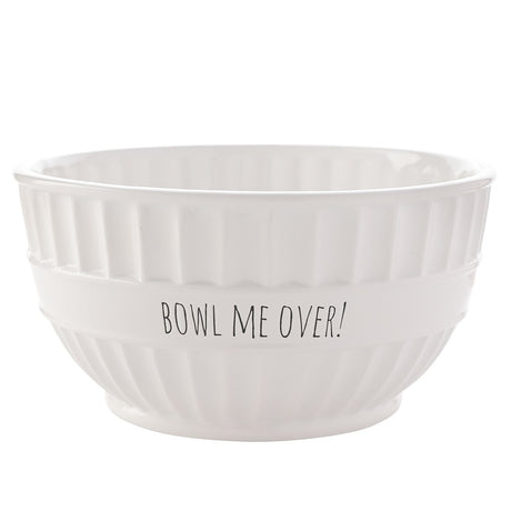 Round white ceramic stoneware bowl with vertical ribbed sides, a smooth central band printed "BOWL ME OVER!" in black text, and a low foot ring, on a plain white background.